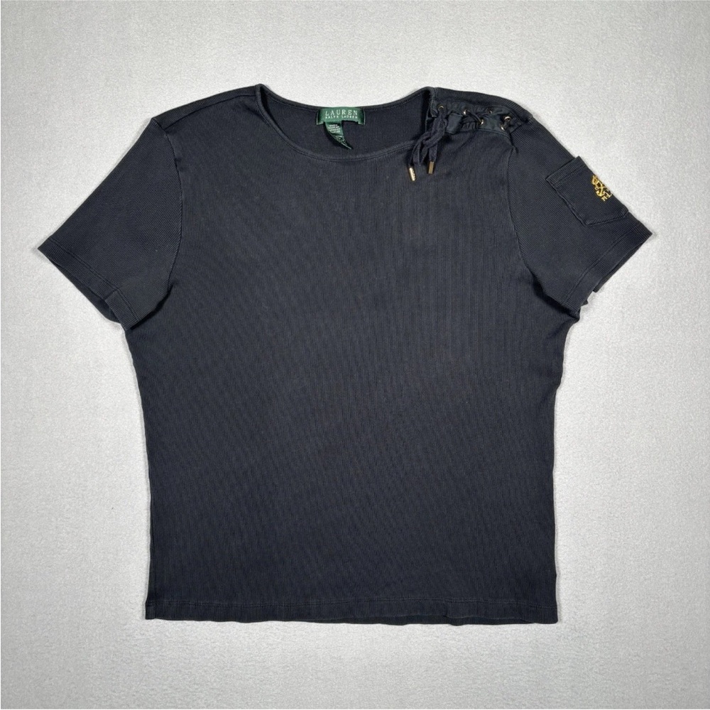 Ralph Lauren Shirt Women’s XLarge Black Crest Cotton Jersey Tie Shoulder